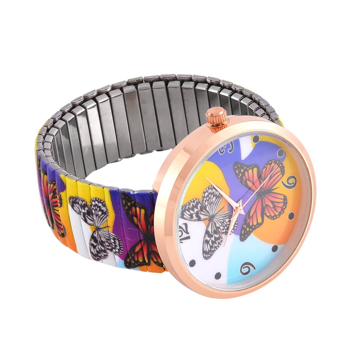 6 Pcs Set - Strada Japanese Movement Watch in Steel Stretch Strap with Green & White Austrian Crystal, Enameled Tiger Head, Peacock & Butterfly Pendant Necklace (24 Inches) in Rosetone image number 8