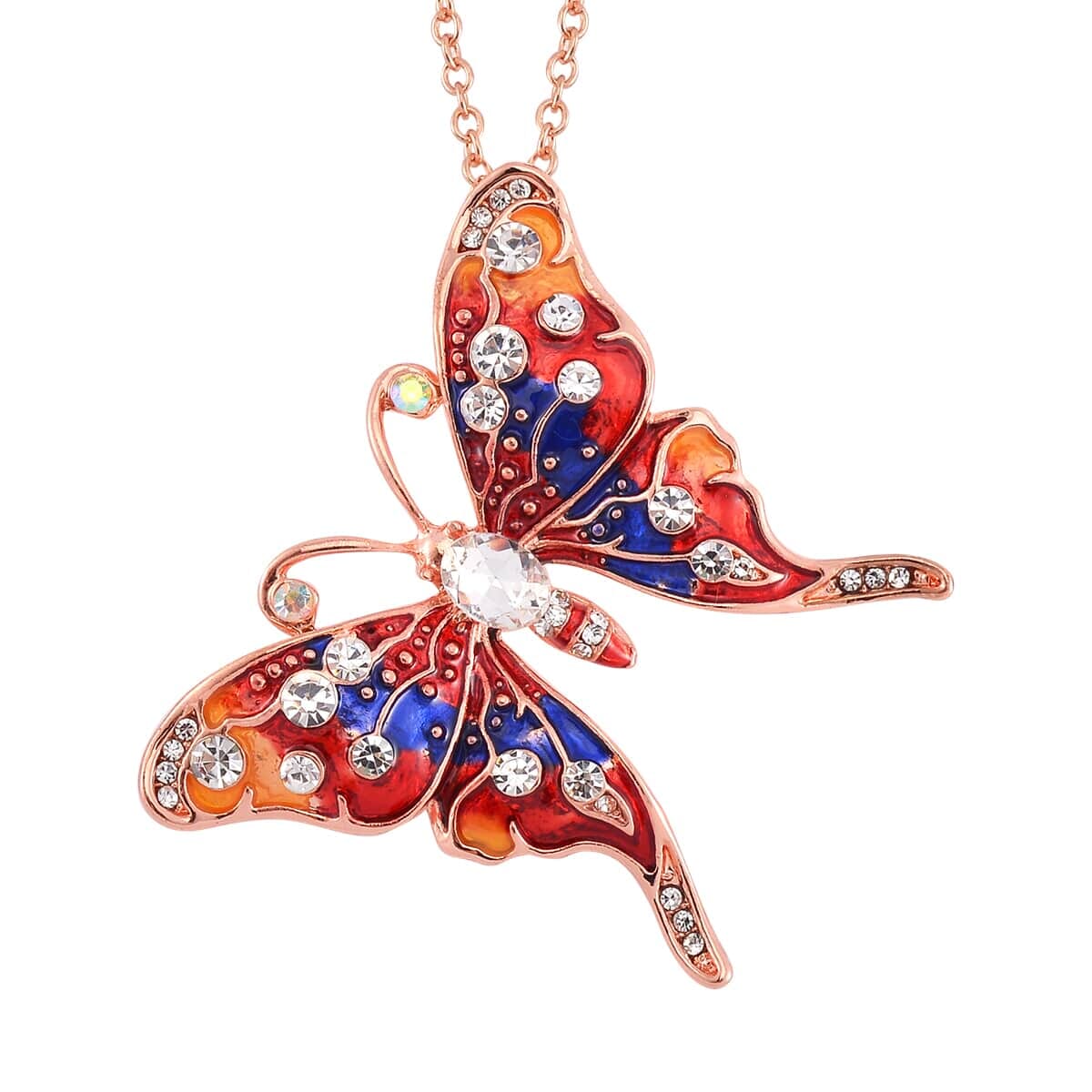 6 Pcs Set - Strada Japanese Movement Watch in Steel Stretch Strap with Green & White Austrian Crystal, Enameled Tiger Head, Peacock & Butterfly Pendant Necklace (24 Inches) in Rosetone image number 9