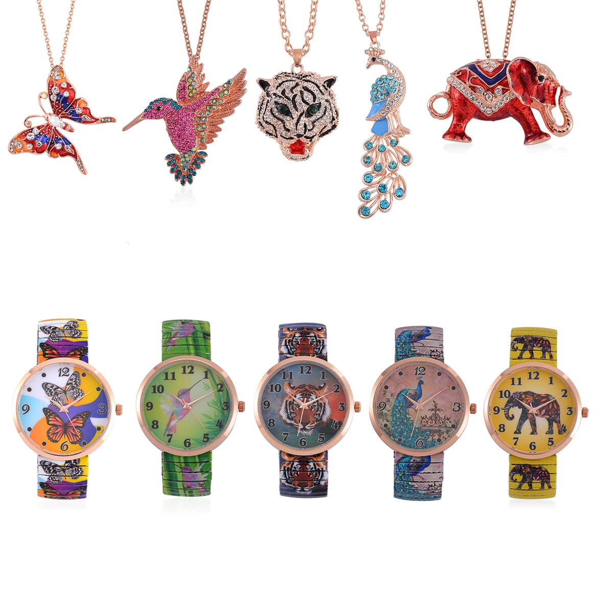 10 Pcs Set - Strada Japanese Movement Watch in Steel Stretch Strap with Green & White Crystal, Enameled Tiger Head, Elephant, Butterfly, Peacock & Hummingbird Pendant Necklace (24 Inches) in Rosetone image number 0