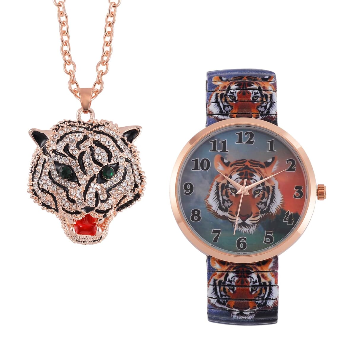 10 Pcs Set - Strada Japanese Movement Watch in Steel Stretch Strap with Green & White Crystal, Enameled Tiger Head, Elephant, Butterfly, Peacock & Hummingbird Pendant Necklace (24 Inches) in Rosetone image number 1