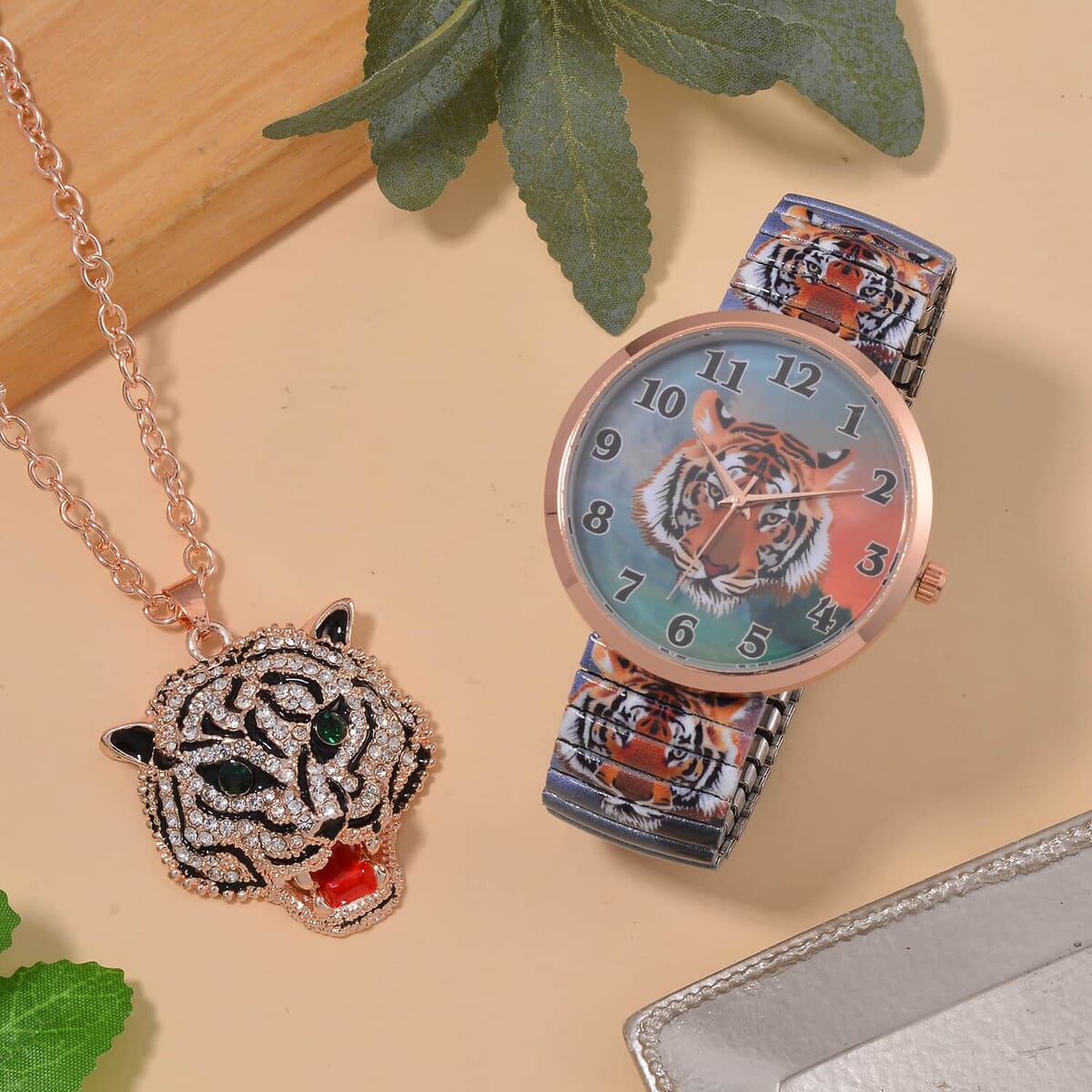 10 Pcs Set - Strada Japanese Movement Watch in Steel Stretch Strap with Green & White Crystal, Enameled Tiger Head, Elephant, Butterfly, Peacock & Hummingbird Pendant Necklace (24 Inches) in Rosetone image number 2