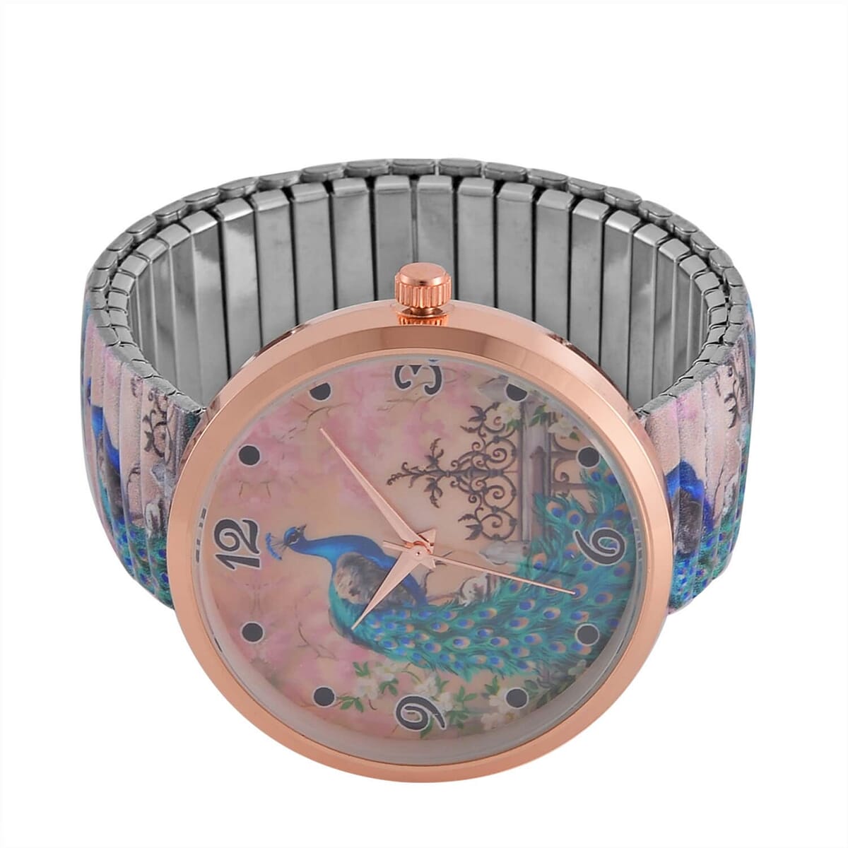 10 Pcs Set - Strada Japanese Movement Watch in Steel Stretch Strap with Green & White Crystal, Enameled Tiger Head, Elephant, Butterfly, Peacock & Hummingbird Pendant Necklace (24 Inches) in Rosetone image number 4