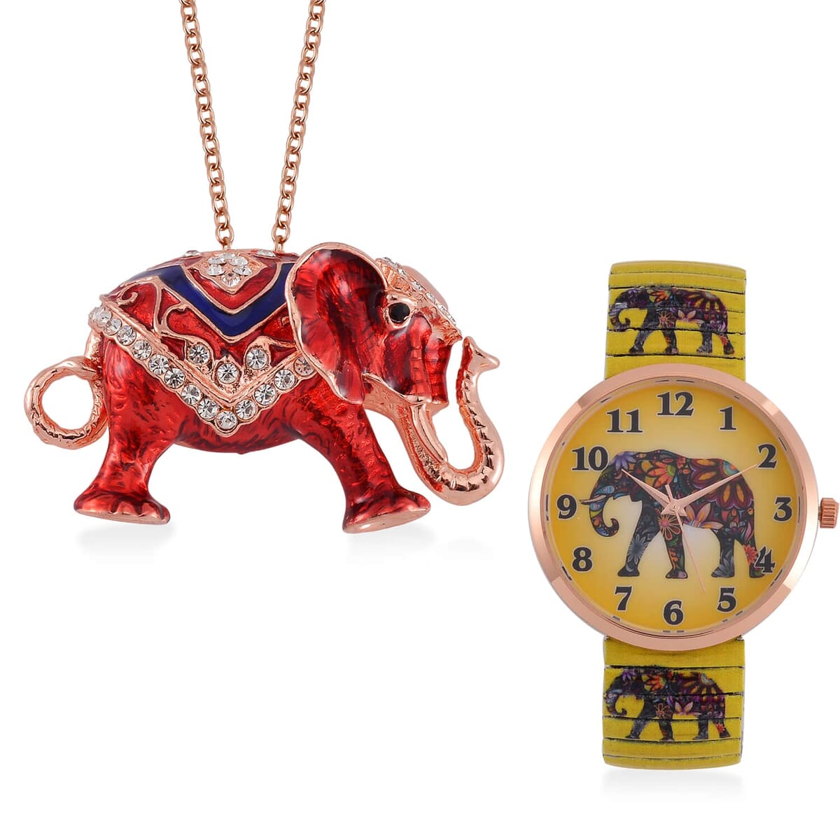 10 Pcs Set - Strada Japanese Movement Watch in Steel Stretch Strap with Green & White Crystal, Enameled Tiger Head, Elephant, Butterfly, Peacock & Hummingbird Pendant Necklace (24 Inches) in Rosetone image number 5