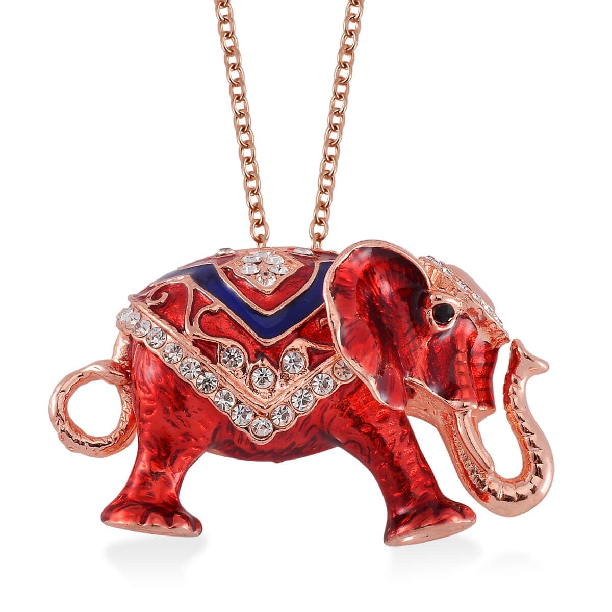 10 Pcs Set - Strada Japanese Movement Watch in Steel Stretch Strap with Green & White Crystal, Enameled Tiger Head, Elephant, Butterfly, Peacock & Hummingbird Pendant Necklace (24 Inches) in Rosetone image number 6