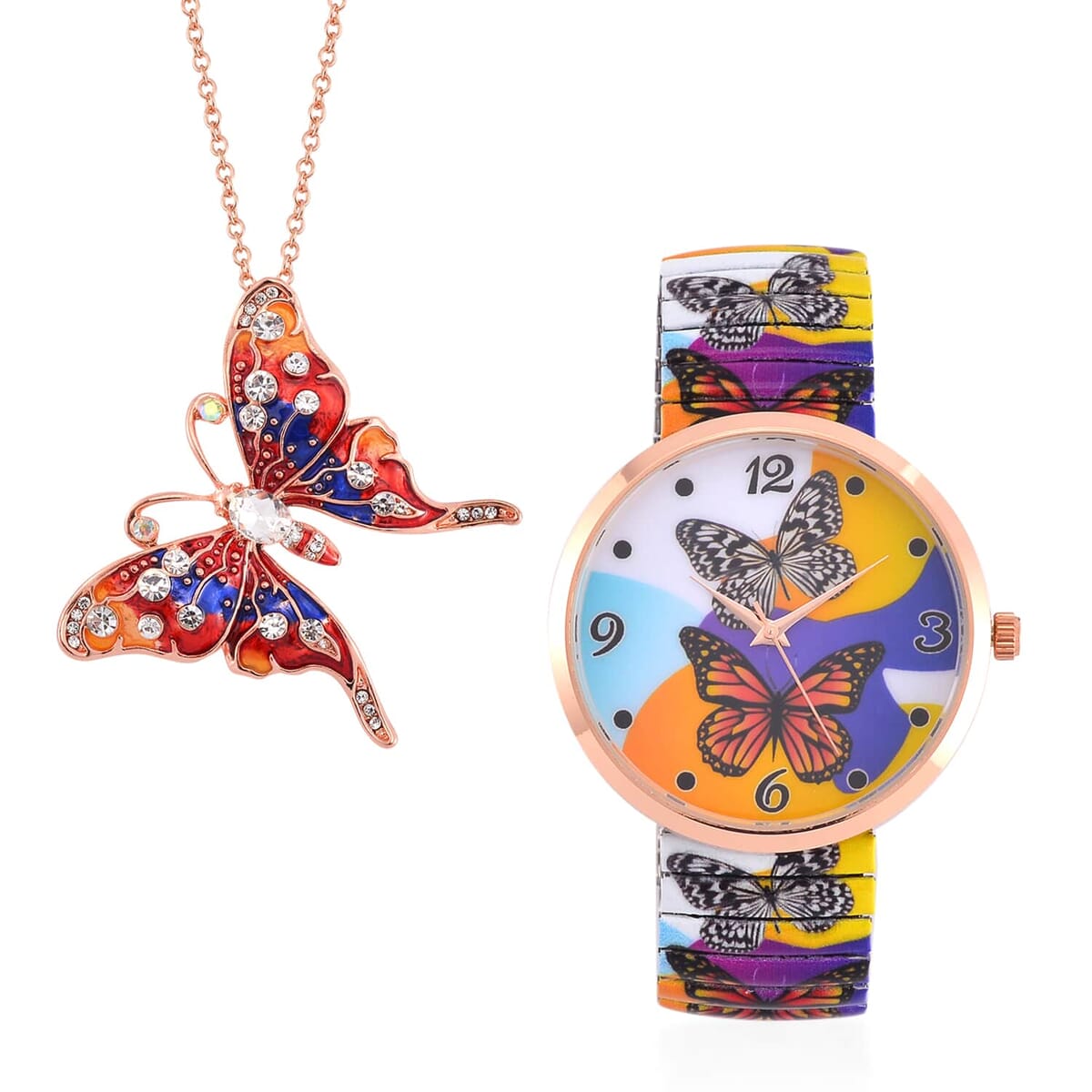 10 Pcs Set - Strada Japanese Movement Watch in Steel Stretch Strap with Green & White Crystal, Enameled Tiger Head, Elephant, Butterfly, Peacock & Hummingbird Pendant Necklace (24 Inches) in Rosetone image number 7