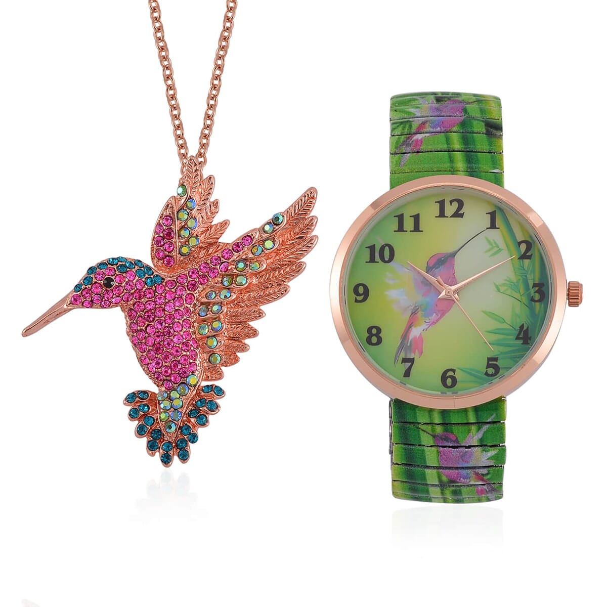 10 Pcs Set - Strada Japanese Movement Watch in Steel Stretch Strap with Green & White Crystal, Enameled Tiger Head, Elephant, Butterfly, Peacock & Hummingbird Pendant Necklace (24 Inches) in Rosetone image number 8