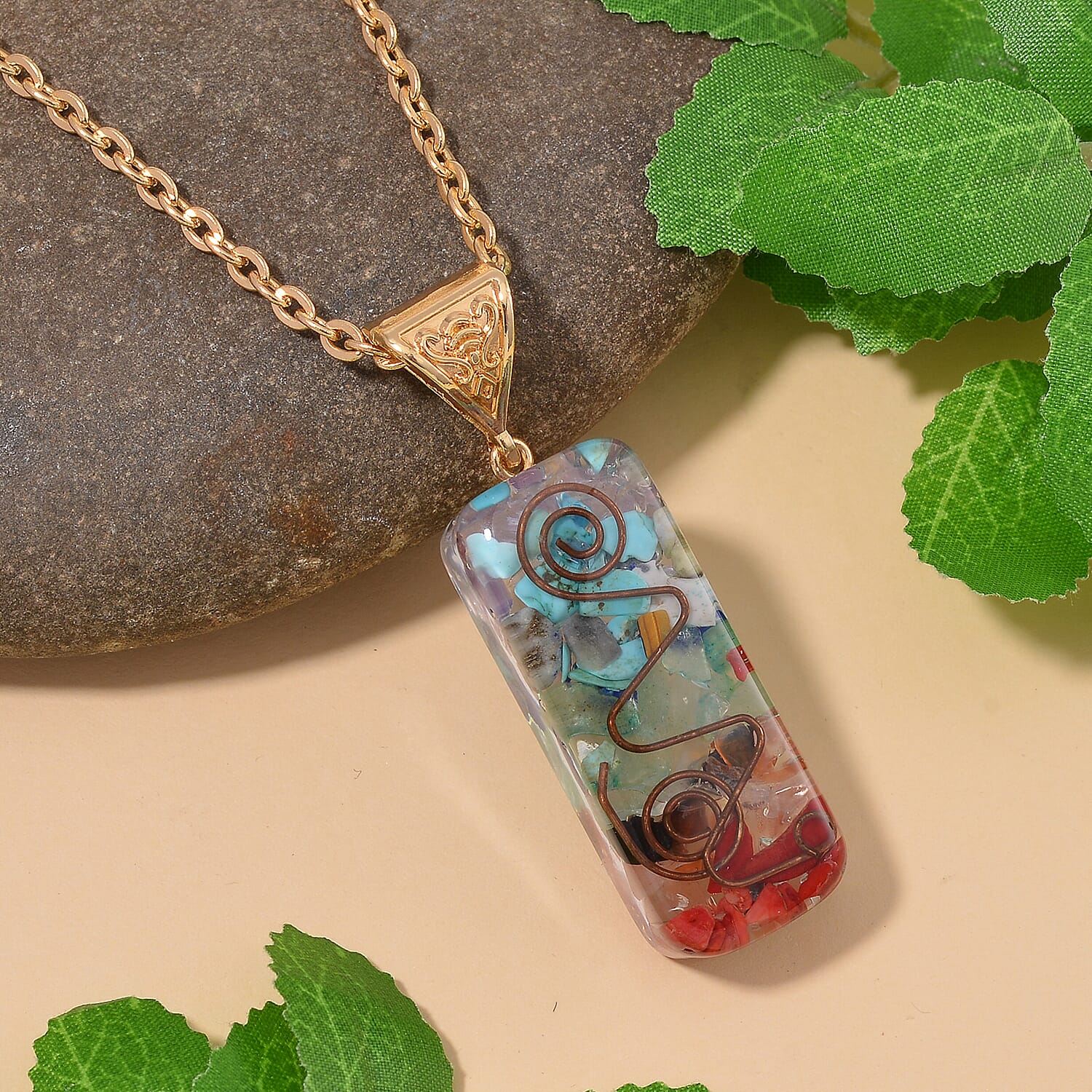 Multi Gemstone Chips 55.00 ctw Seven Chakra Pendant in Goldtone with ION Plated YG Stainless Steel Necklace (20 Inches)