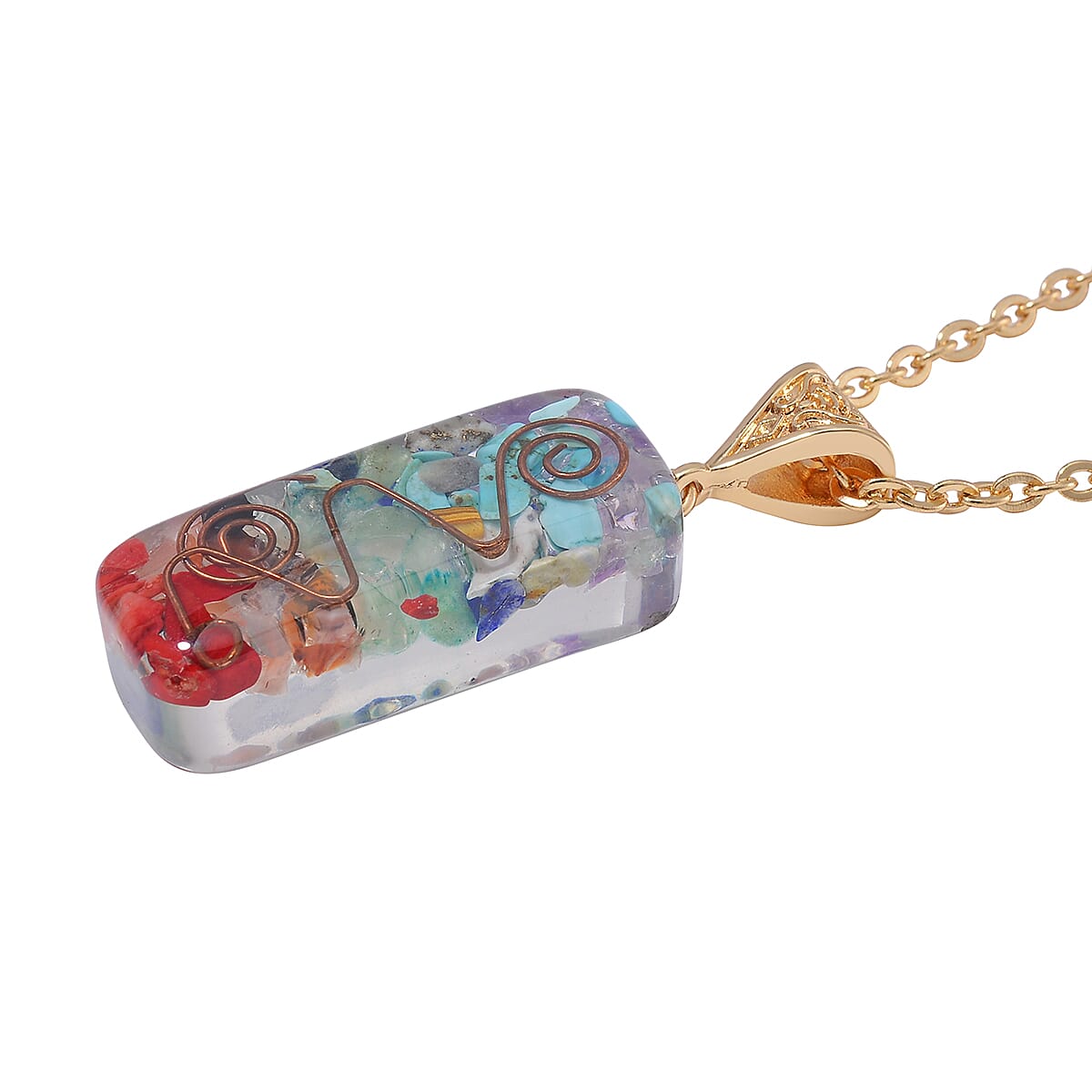Multi Gemstone Chips 55.00 ctw Seven Chakra Pendant in Goldtone with ION Plated YG Stainless Steel Necklace (20 Inches)