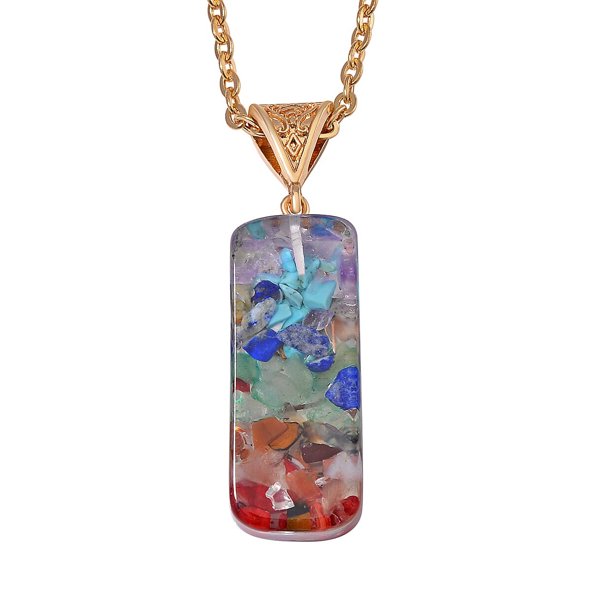 Multi Gemstone Chips 55.00 ctw Seven Chakra Pendant in Goldtone with ION Plated YG Stainless Steel Necklace (20 Inches)