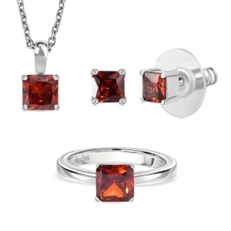 Simulated Red Diamond Ring (Size 11.5), 3.40 ctw Earrings and Pendant Necklace (20 Inches) in Stainless Steel