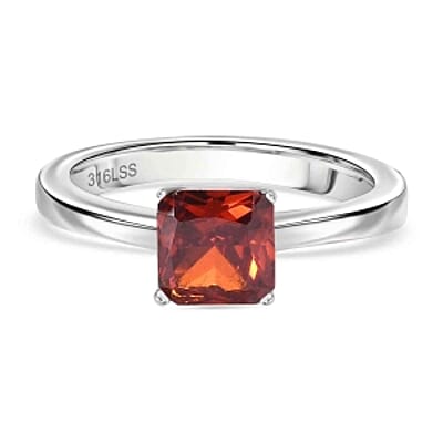 Simulated Red Diamond Ring (Size 11.5), 3.40 ctw Earrings and Pendant Necklace (20 Inches) in Stainless Steel
