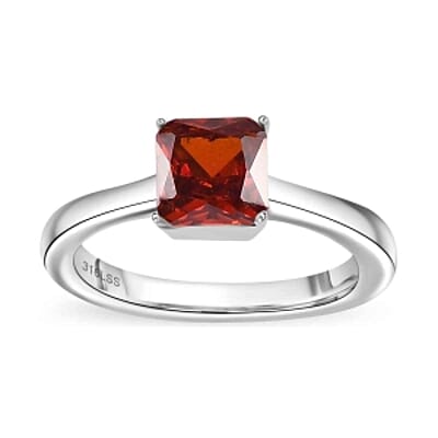 Simulated Red Diamond Ring (Size 11.5), 3.40 ctw Earrings and Pendant Necklace (20 Inches) in Stainless Steel