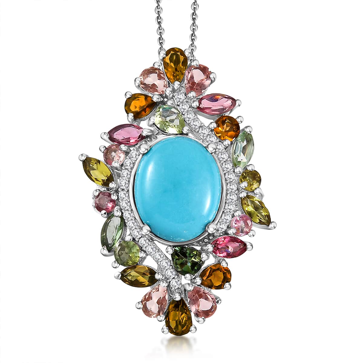 TLV Premium Sleeping Beauty Turquoise, Multi Gemstone Pendant Necklace (20 Inches) in Rhodium Over Sterling Silver 7.65 ctw image number 0