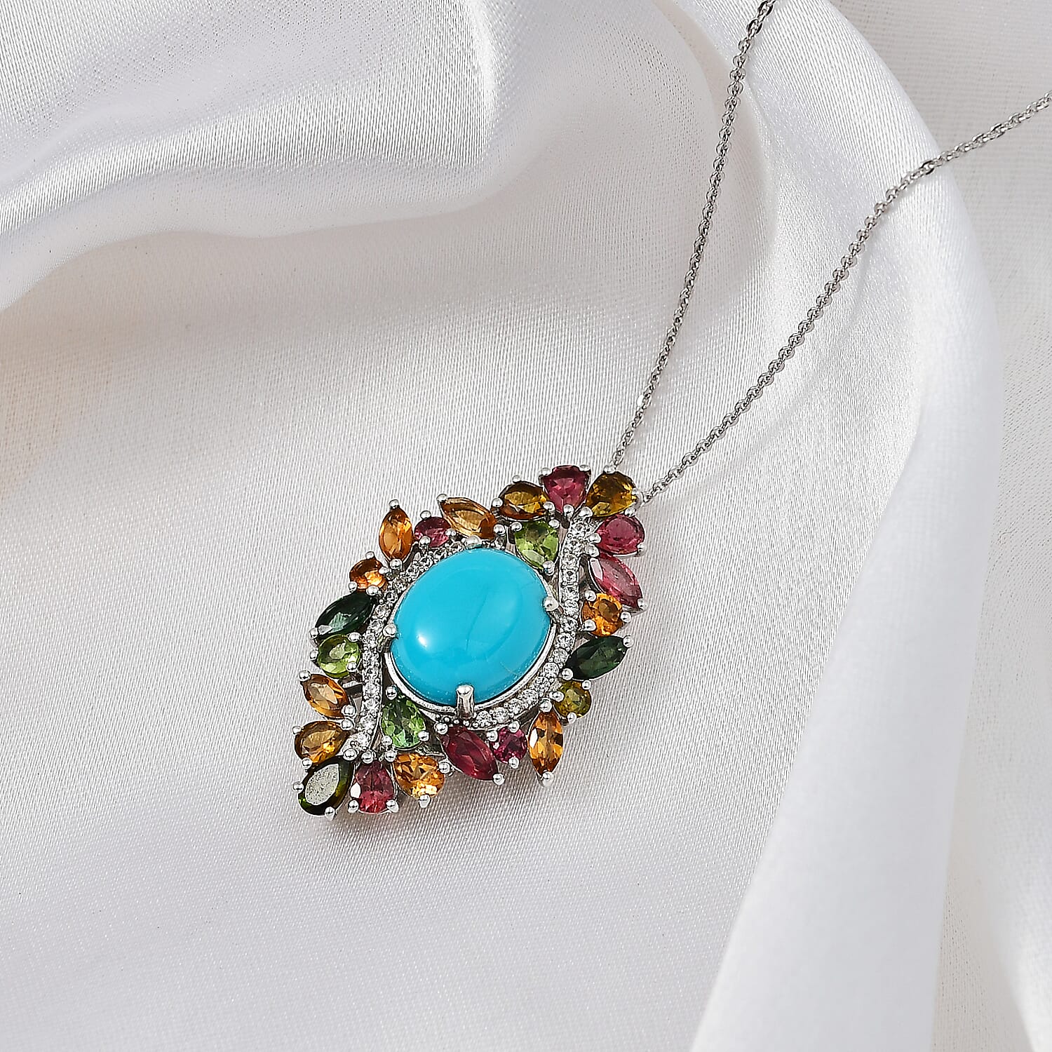 Premium Sleeping Beauty Turquoise and Multi Gemstone 7.65 ctw Forest Bloom Pendant Necklace in Rhodium Over Sterling Silver 20 Inches