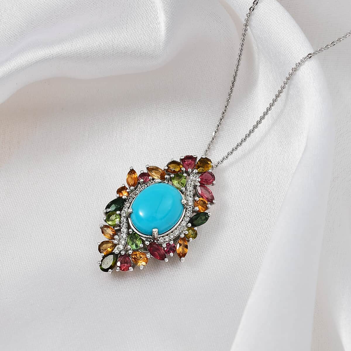 TLV Premium Sleeping Beauty Turquoise, Multi Gemstone Pendant Necklace (20 Inches) in Rhodium Over Sterling Silver 7.65 ctw image number 1