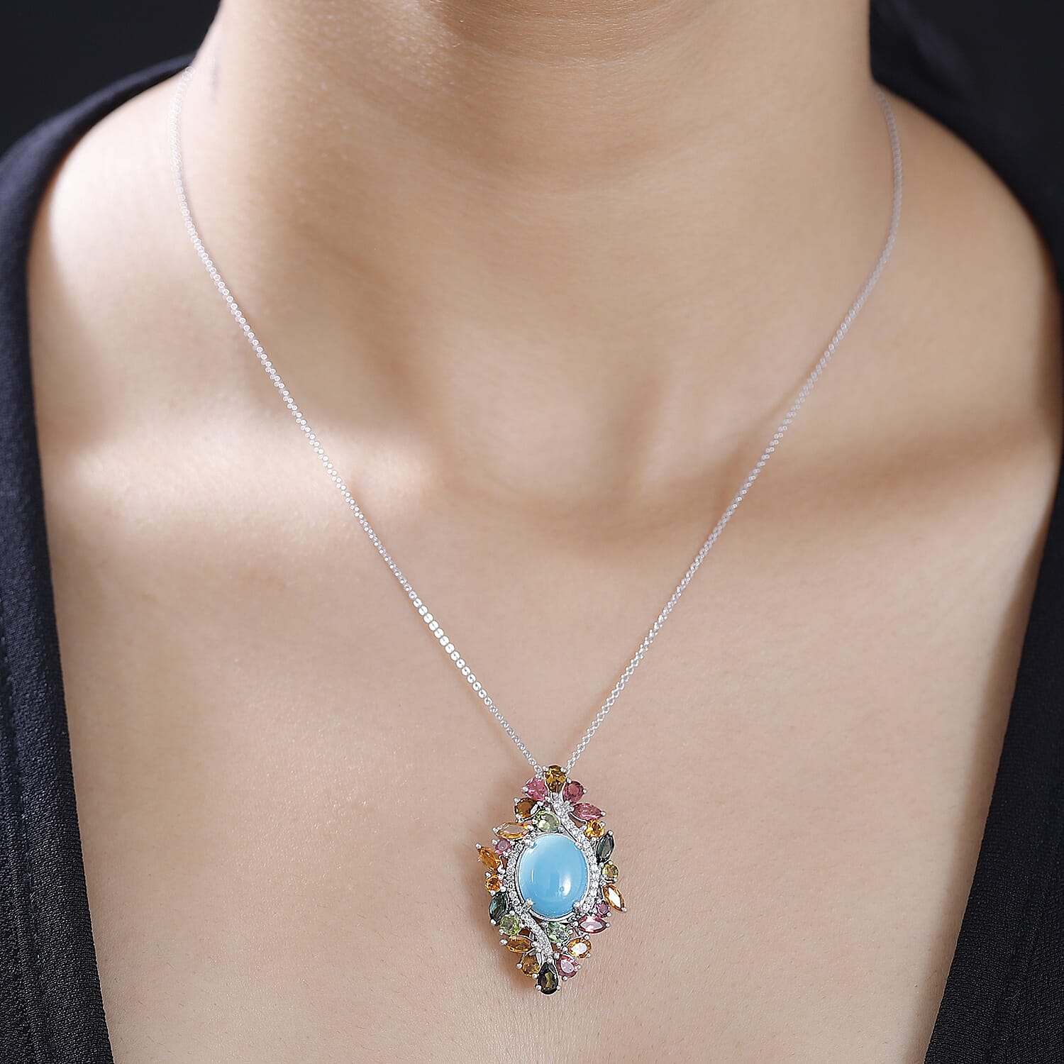 Premium Sleeping Beauty Turquoise and Multi Gemstone 7.65 ctw Forest Bloom Pendant Necklace in Rhodium Over Sterling Silver 20 Inches