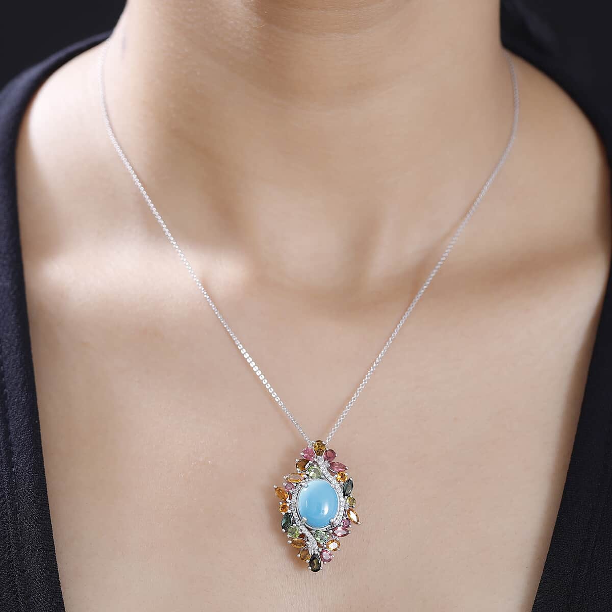 TLV Premium Sleeping Beauty Turquoise, Multi Gemstone Pendant Necklace (20 Inches) in Rhodium Over Sterling Silver 7.65 ctw image number 2