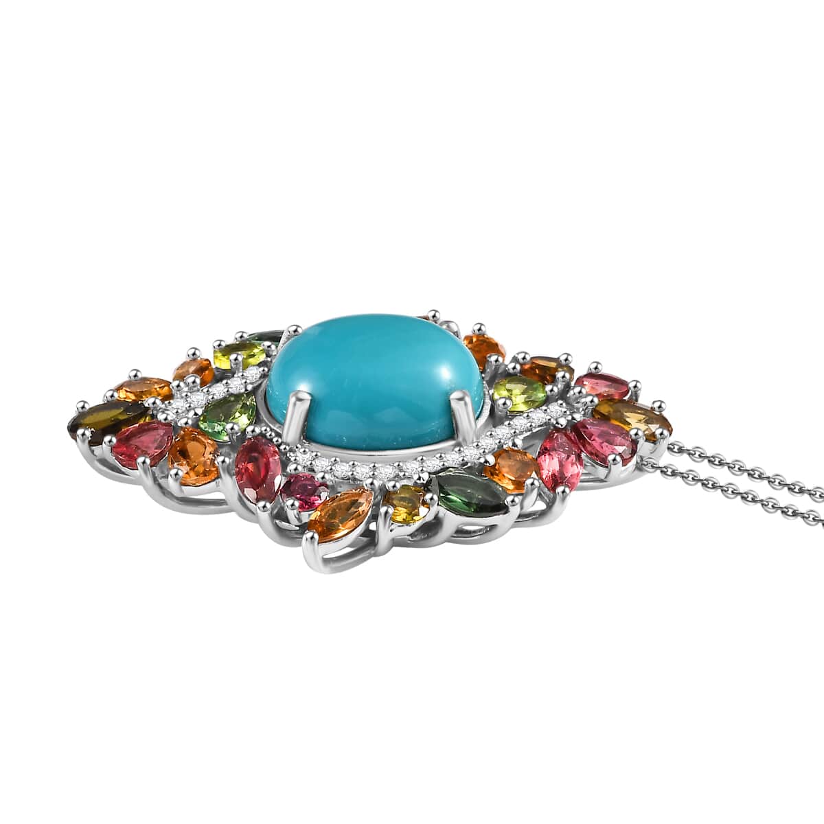 TLV Premium Sleeping Beauty Turquoise, Multi Gemstone Pendant Necklace (20 Inches) in Rhodium Over Sterling Silver 7.65 ctw image number 3