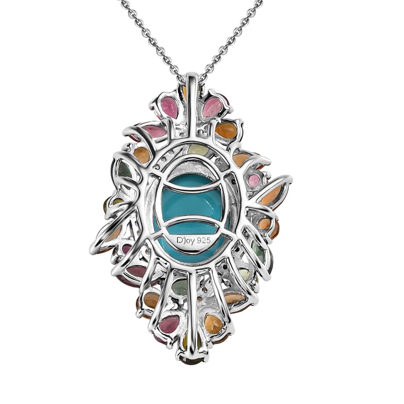 Premium Sleeping Beauty Turquoise and Multi Gemstone 7.65 ctw Forest Bloom Pendant Necklace in Rhodium Over Sterling Silver 20 Inches