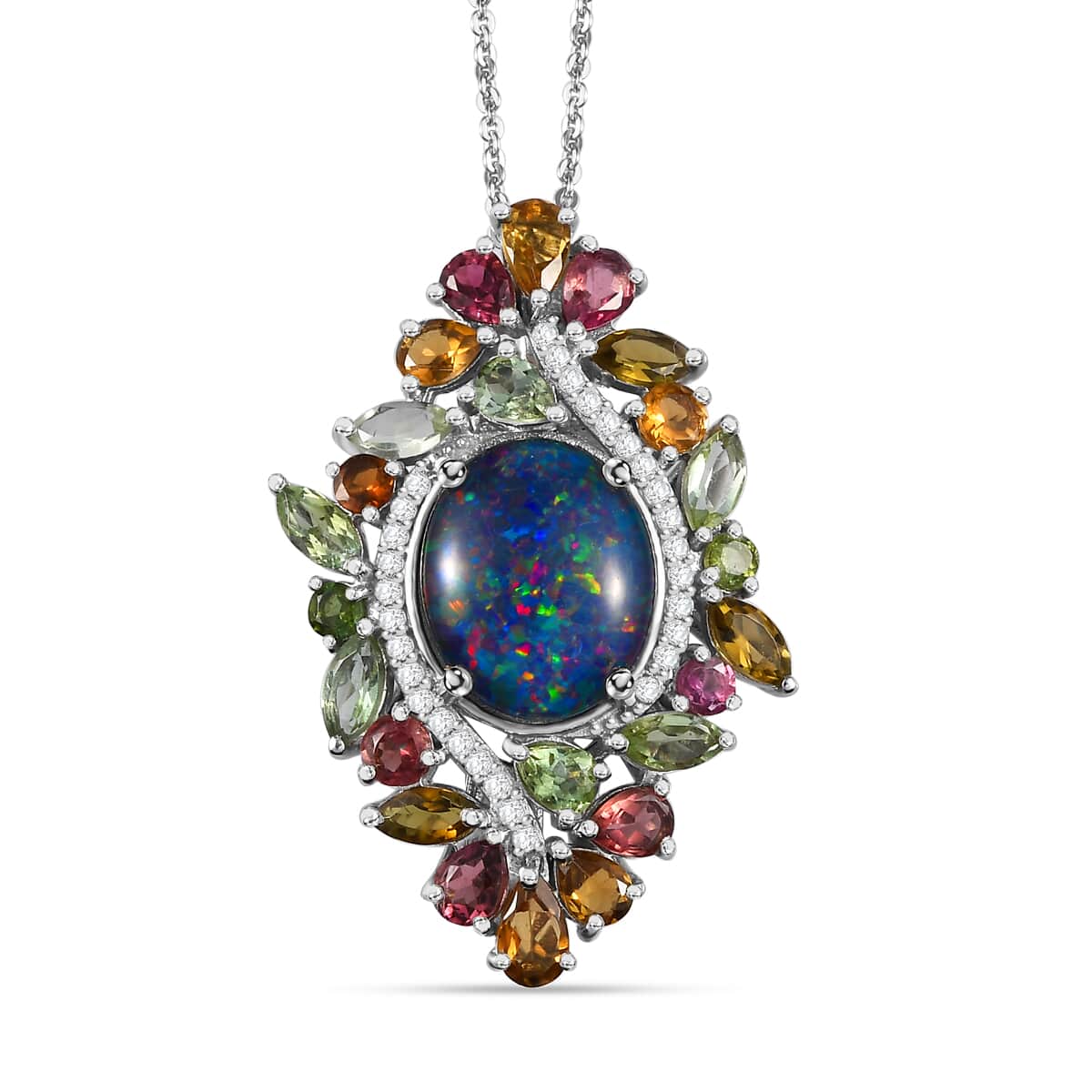 Premium Boulder Opal (Triplet) and Multi Gemstone 6.00 ctw Forest Bloom Pendant Necklace in Rhodium Over Sterling Silver 20 Inches image number 0