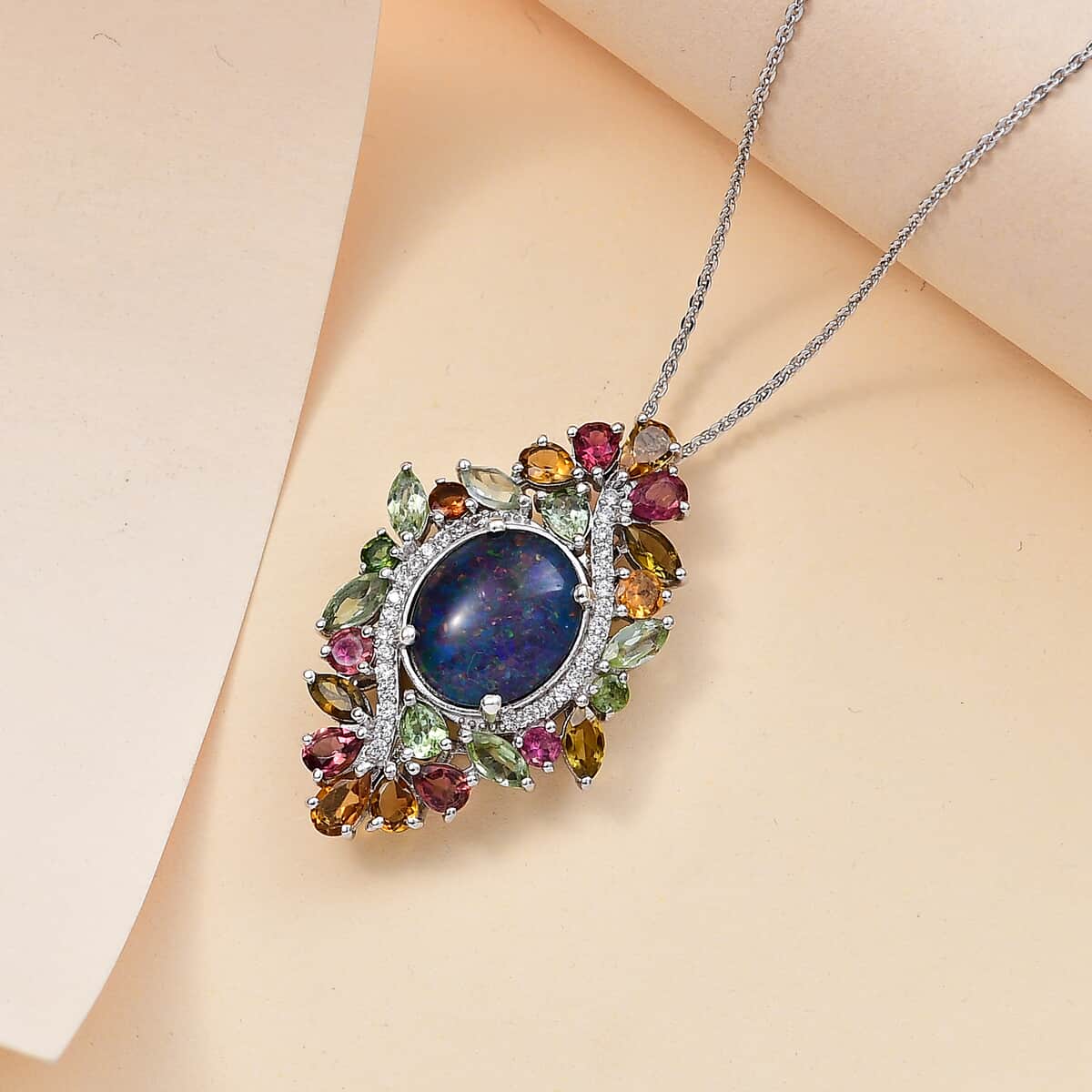 Premium Boulder Opal (Triplet) and Multi Gemstone 6.00 ctw Forest Bloom Pendant Necklace in Rhodium Over Sterling Silver 20 Inches image number 1