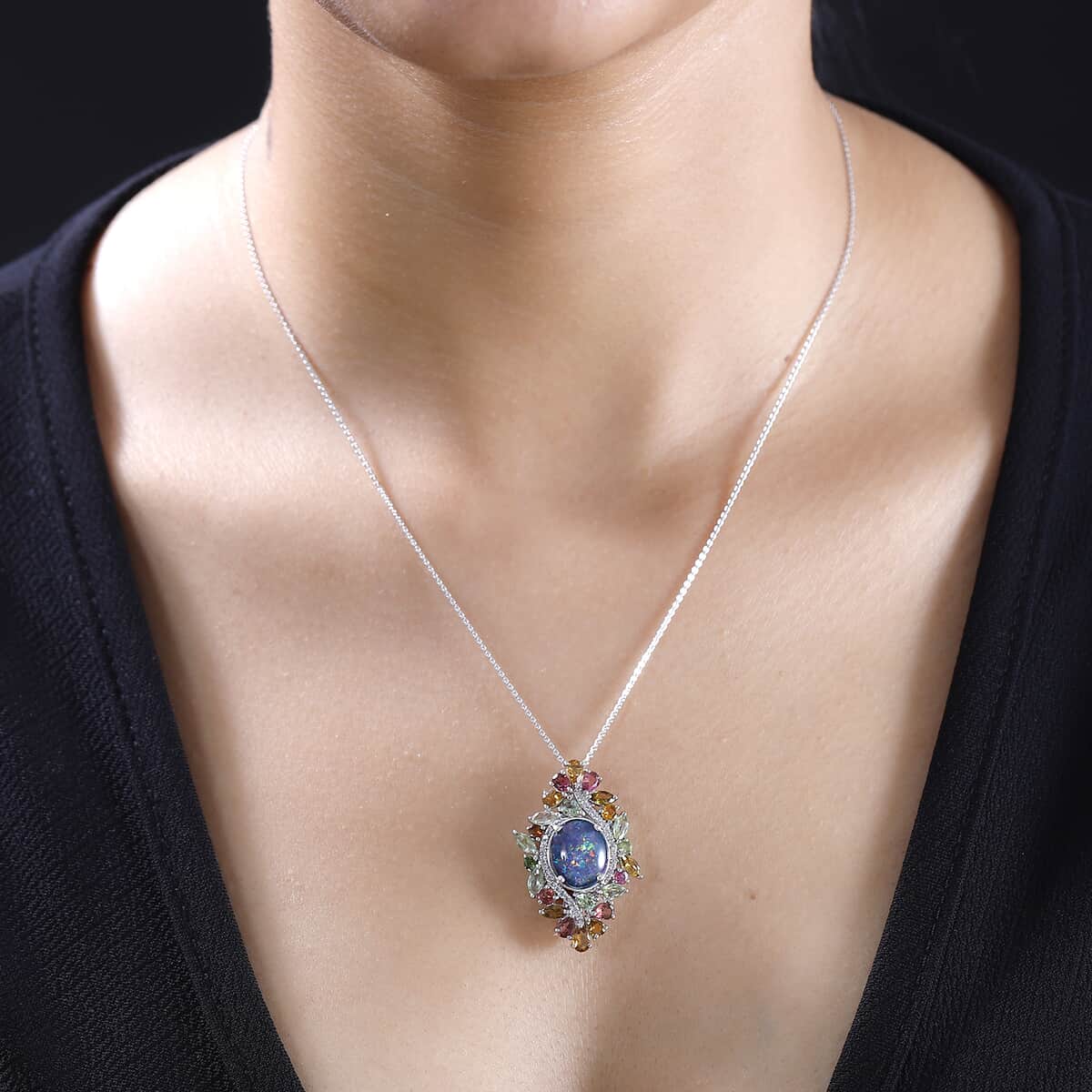 Premium Boulder Opal (Triplet) and Multi Gemstone 6.00 ctw Forest Bloom Pendant Necklace in Rhodium Over Sterling Silver 20 Inches image number 2