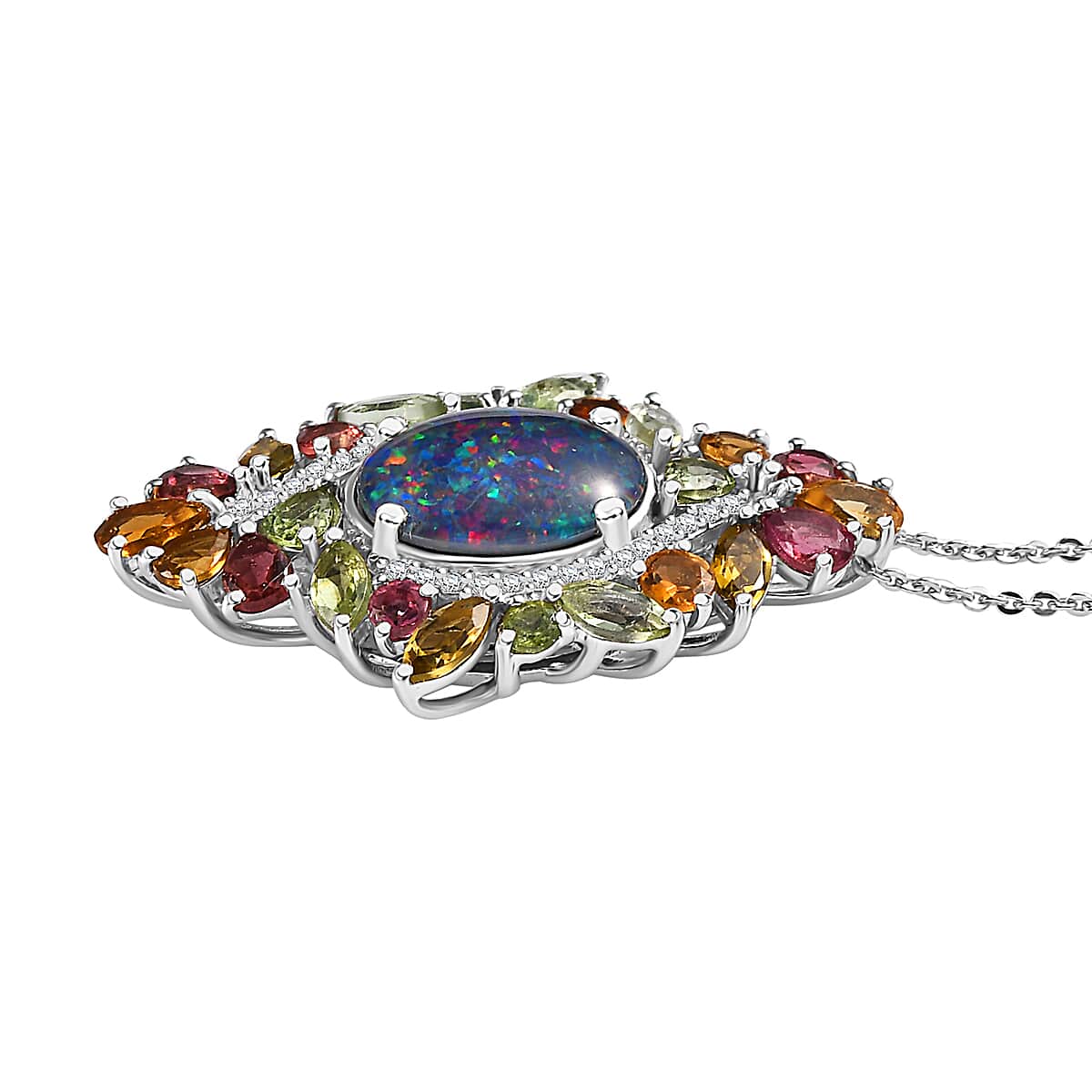 Premium Boulder Opal (Triplet) and Multi Gemstone 6.00 ctw Forest Bloom Pendant Necklace in Rhodium Over Sterling Silver 20 Inches image number 3