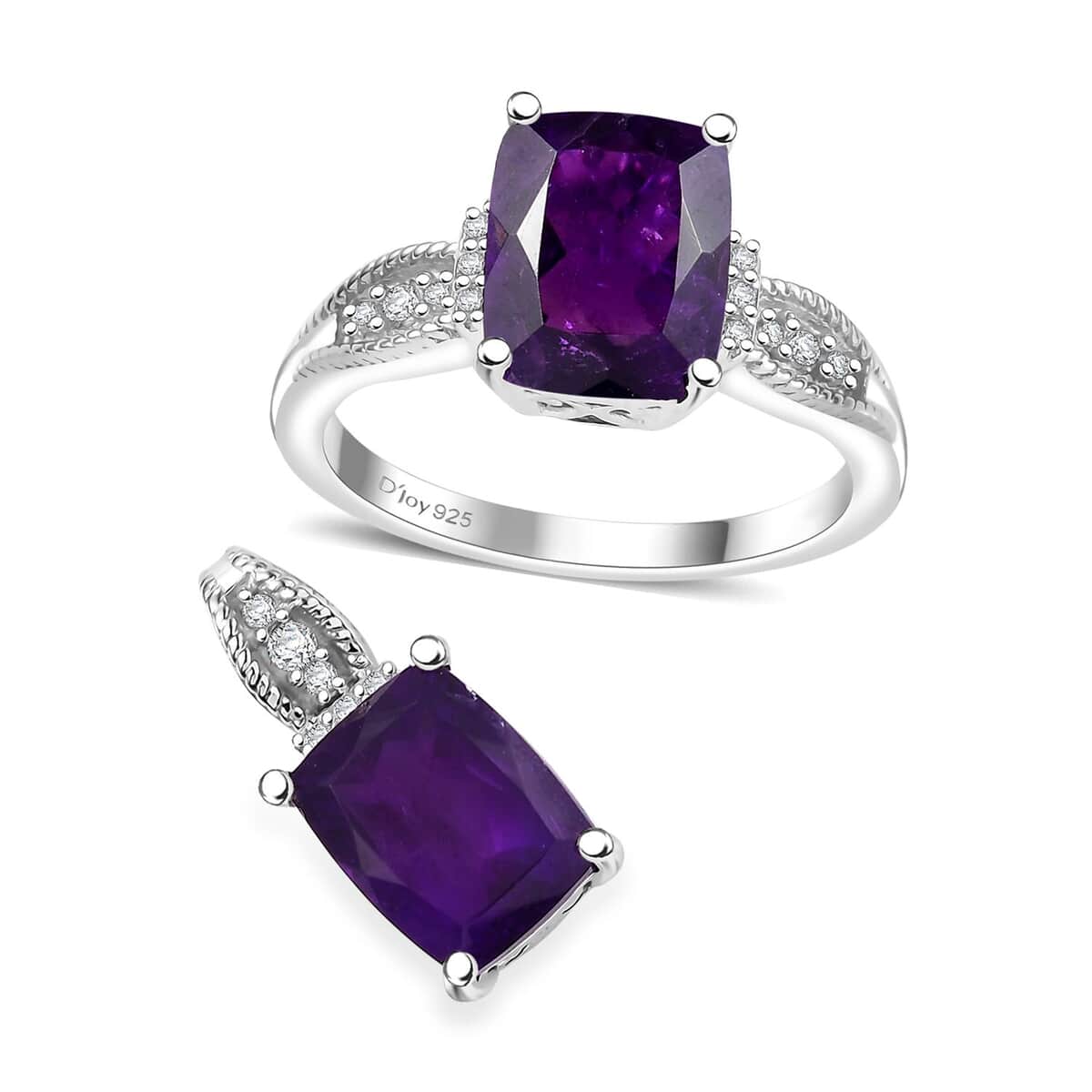 African Amethyst and White Zircon 4.80 ctw Ring (Size 5.0) and Pendant in Rhodium Over Sterling Silver image number 0