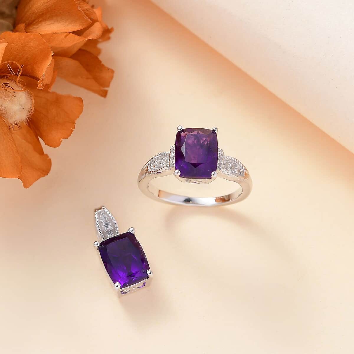 African Amethyst and White Zircon 4.80 ctw Ring (Size 5.0) and Pendant in Rhodium Over Sterling Silver image number 1