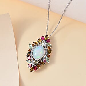 Premium Ethiopian Welo Opal and Multi Gemstone 6.15 ctw Forest Bloom Pendant Necklace in Rhodium Over Sterling Silver 20 Inches