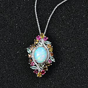 Premium Ethiopian Welo Opal and Multi Gemstone 6.15 ctw Forest Bloom Pendant Necklace in Rhodium Over Sterling Silver 20 Inches