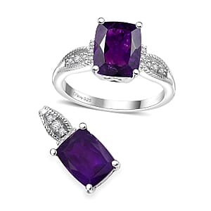 African Amethyst and White Zircon 4.80 ctw Ring (Size 11.0) and Pendant without Chain in Rhodium Over Sterling Silver