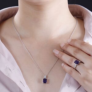 African Amethyst and White Zircon 4.80 ctw Ring (Size 11.0) and Pendant without Chain in Rhodium Over Sterling Silver