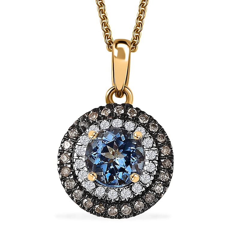 Luxoro AAA Santa Maria Aquamarine, Natural and White Diamond 1.47 ctw Double Halo Pendant Necklace 20 Inches in 14K Yellow Gold