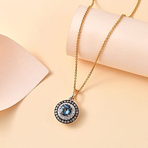 Luxoro AAA Santa Maria Aquamarine, Natural and White Diamond 1.47 ctw Double Halo Pendant Necklace 20 Inches in 14K Yellow Gold