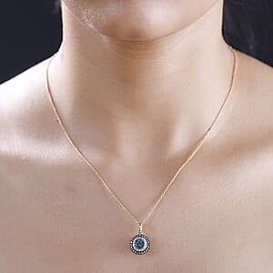 Luxoro AAA Santa Maria Aquamarine, Natural and White Diamond 1.47 ctw Double Halo Pendant Necklace 20 Inches in 14K Yellow Gold