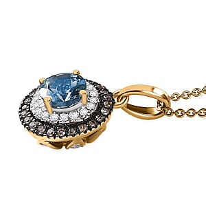 Luxoro AAA Santa Maria Aquamarine, Natural and White Diamond 1.47 ctw Double Halo Pendant Necklace 20 Inches in 14K Yellow Gold