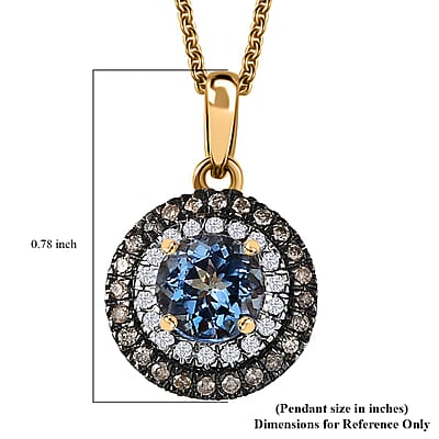 Luxoro AAA Santa Maria Aquamarine, Natural and White Diamond 1.47 ctw Double Halo Pendant Necklace 20 Inches in 14K Yellow Gold