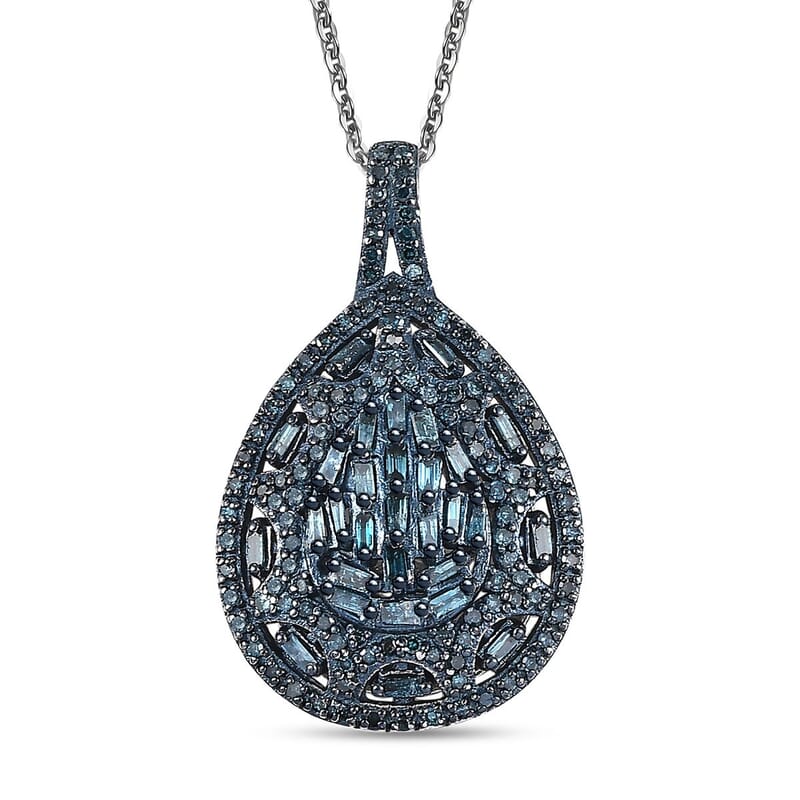 Blue Diamond 1.00 ctw Victorian Era Pendant Necklace in Rhodium Over Sterling Silver 20 Inches