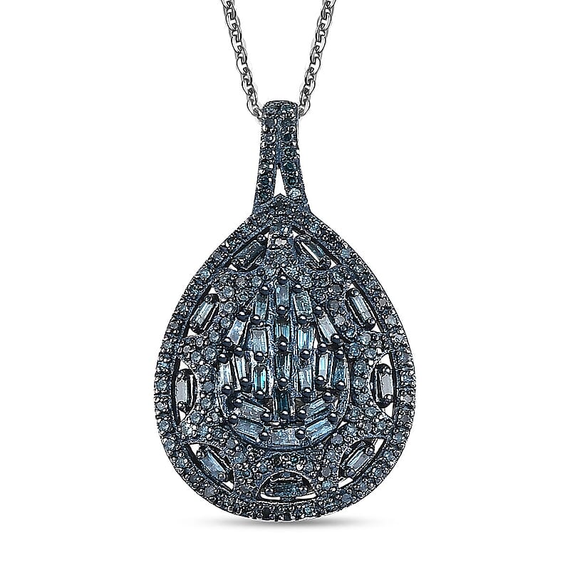 Blue Diamond 1.00 ctw Victorian Era Pendant Necklace in Rhodium Over Sterling Silver 20 Inches