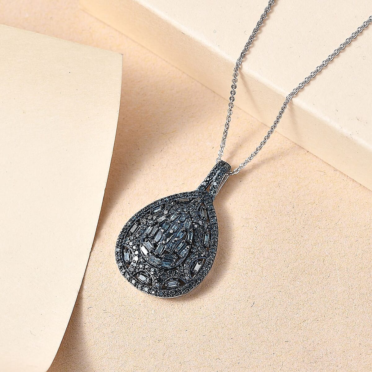 Blue Diamond 1.00 ctw Victorian Era Pendant Necklace in Rhodium Over Sterling Silver 20 Inches image number 1