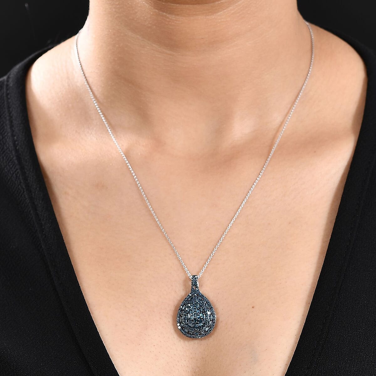 Blue Diamond 1.00 ctw Victorian Era Pendant Necklace in Rhodium Over Sterling Silver 20 Inches image number 2