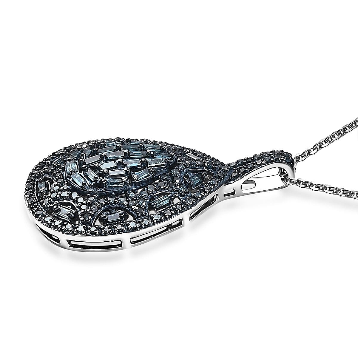 Blue Diamond 1.00 ctw Victorian Era Pendant Necklace in Rhodium Over Sterling Silver 20 Inches image number 3