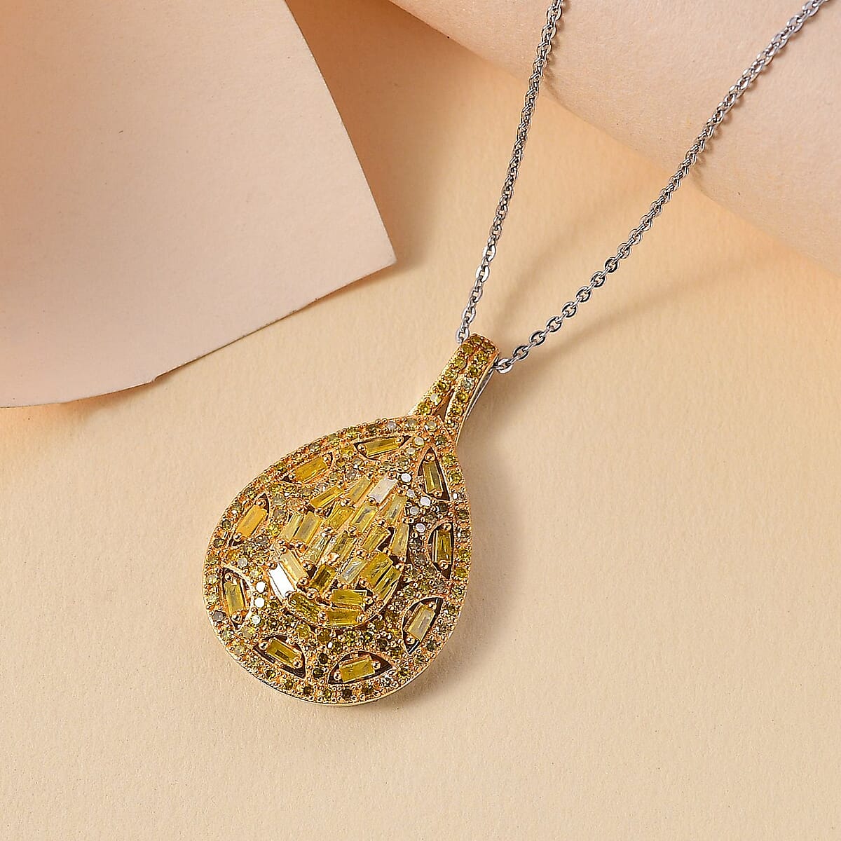 Yellow Diamond 1.00 ctw Victorian Era Pendant Necklace in Rhodium Over Sterling Silver 20 Inches image number 1