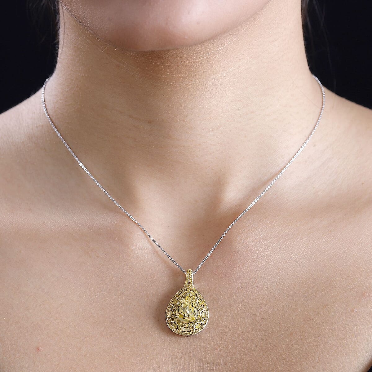 Yellow Diamond 1.00 ctw Victorian Era Pendant Necklace in Rhodium Over Sterling Silver 20 Inches image number 2