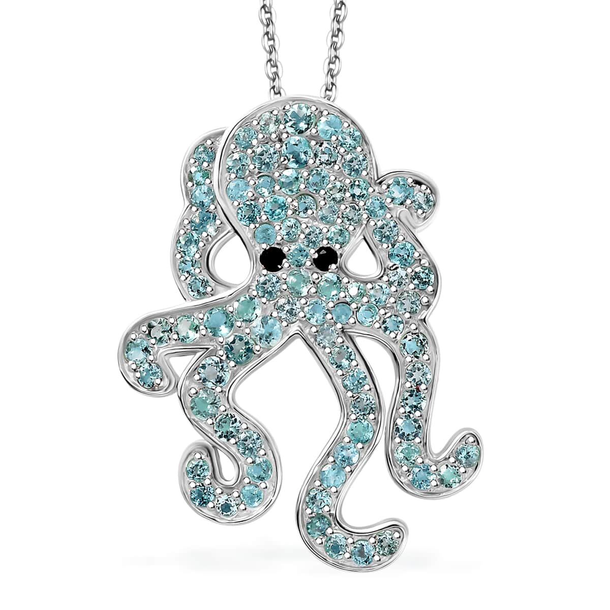 Madagascar Lagoon Apatite and Thai Black Spinel 2.80 ctw Octopus Pendant Necklace in Rhodium Over Sterling Silver 20 Inches image number 0