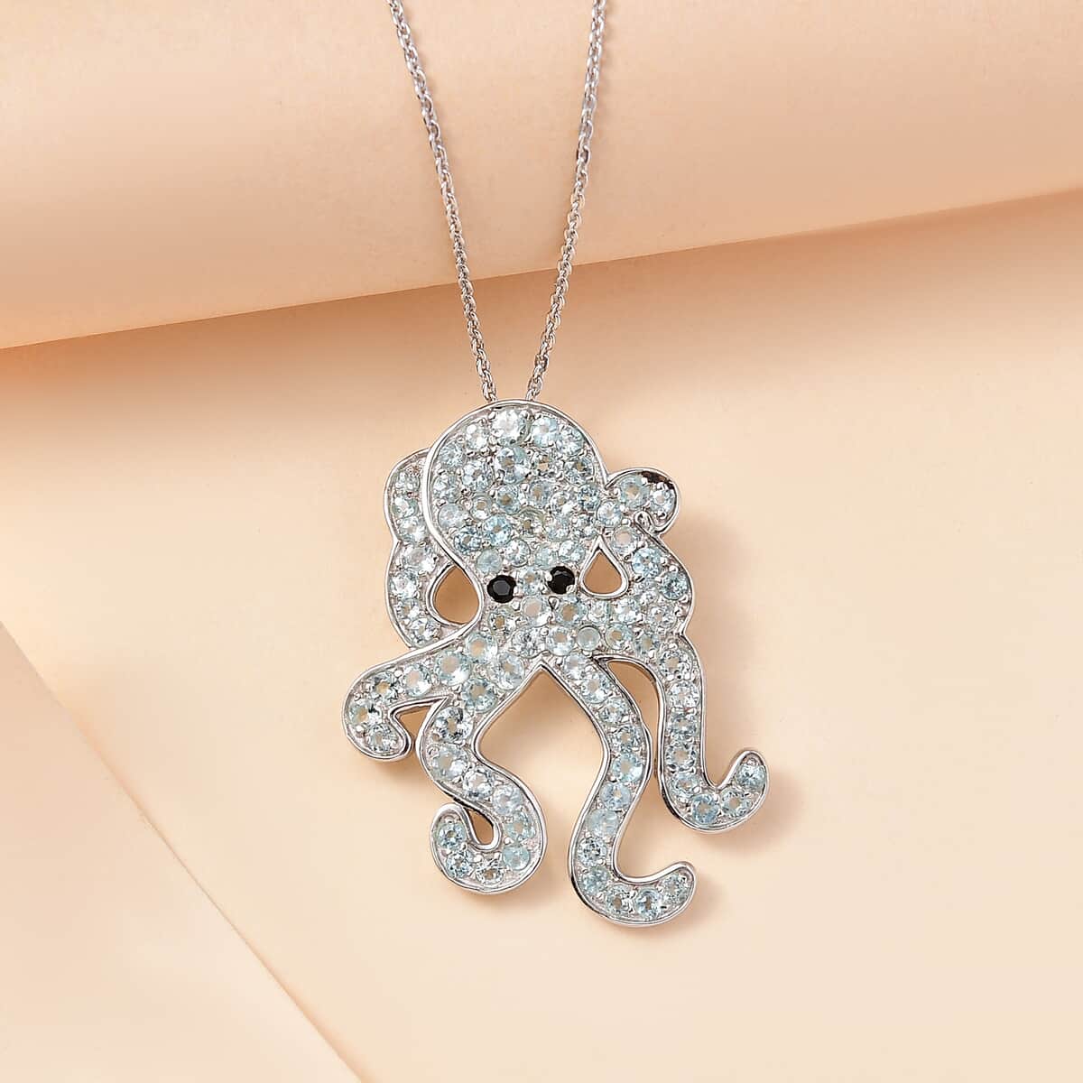 Madagascar Lagoon Apatite and Thai Black Spinel 2.80 ctw Octopus Pendant Necklace in Rhodium Over Sterling Silver 20 Inches image number 1