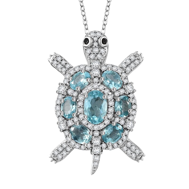 Madagascar Lagoon Apatite and Multi Gemstone 2.30 ctw Turtle Pendant Necklace in Rhodium Over Sterling Silver 20 Inches