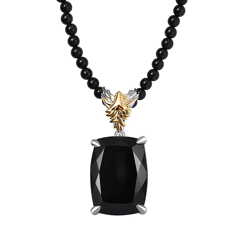 Thai Black Spinel 117.15 ctw Phoenix Pendant with Beaded Necklace 20 Inches in 18K Vermeil YG and Rhodium Over Sterling Silver