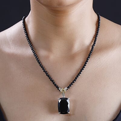 Thai Black Spinel 117.15 ctw Phoenix Pendant with Beaded Necklace 20 Inches in 18K Vermeil YG and Rhodium Over Sterling Silver